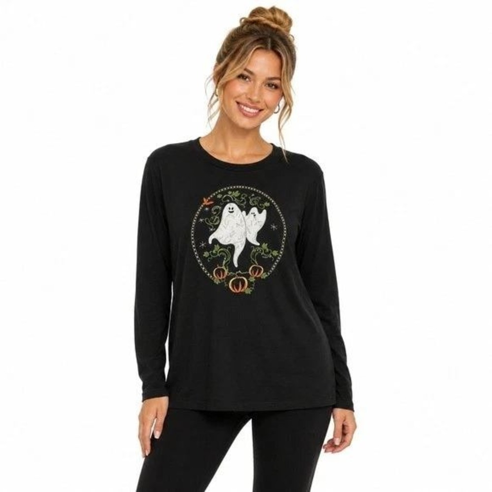 Cappagallo Women's Halloween Graphic Black Tee Ghost Pumpkin Long Sleeve Large